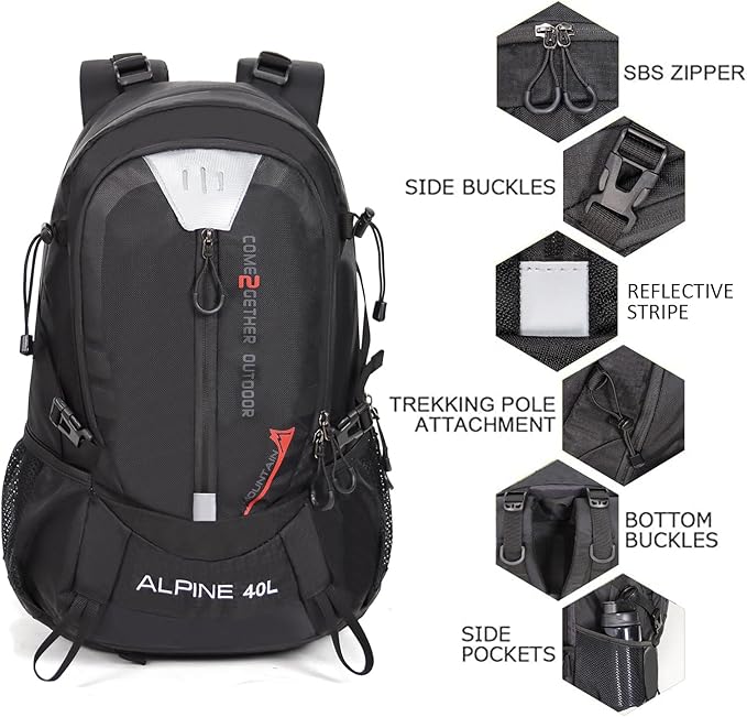Hiking Backpack Camping 40L Outdoor Daypack Lightweight Travel Backpack with Rain Cover for Women Men (Black)