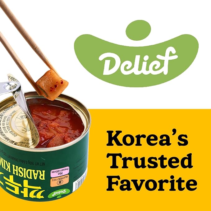 DELIEF Cubic Radish Kimchi - Authentic Korean Radish, Vegan, Gluten-Free, Shelf-Stable Canned, No Preservatives, 5.64 oz/160 g (1 Pack)