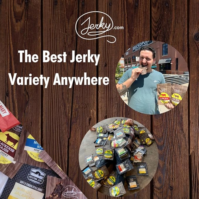 Jerky.com Beef Jerky Sampler - Featuring Original, Black Pepper, Teriyaki, Sweet & Spicy, Hot, Habanero, Blackened Cajun, Honey Teriyaki - Great Gift for Men (8 Flavors - 1 oz. bags))