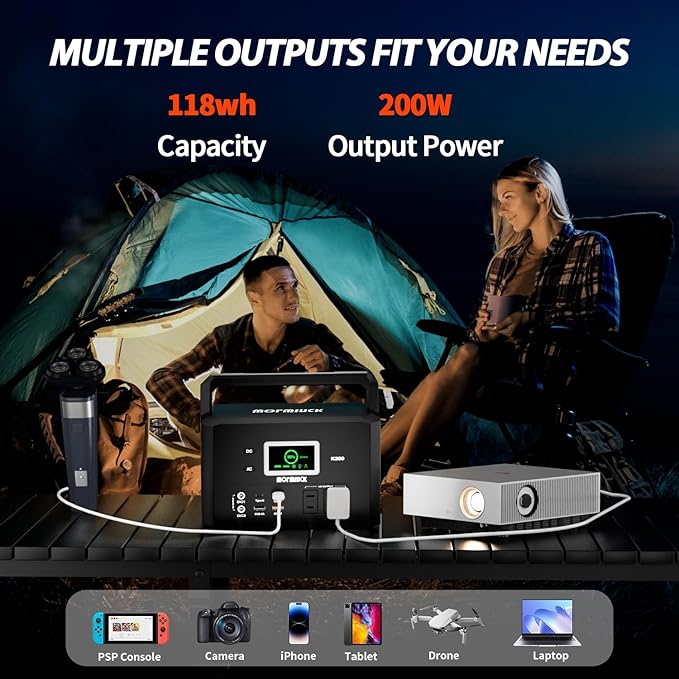 200W Portable Power Station (400W Peak), mormluck 118Wh Solar Generators with 110V/200W AC Outlet（NO SOLAR PANELï¼? 32000mAh Lithium Battery for Home Backup, Outdoor Adventures, and RV Emergencies