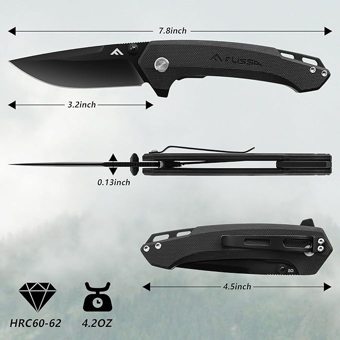 FLISSA Pocket Folding Knife, 3.2??D2 Blade G10 Handle EDC Knife with Pocket Clip Liner Lock for Hunting, Camping, Survival, Outdoor Activities(Black)