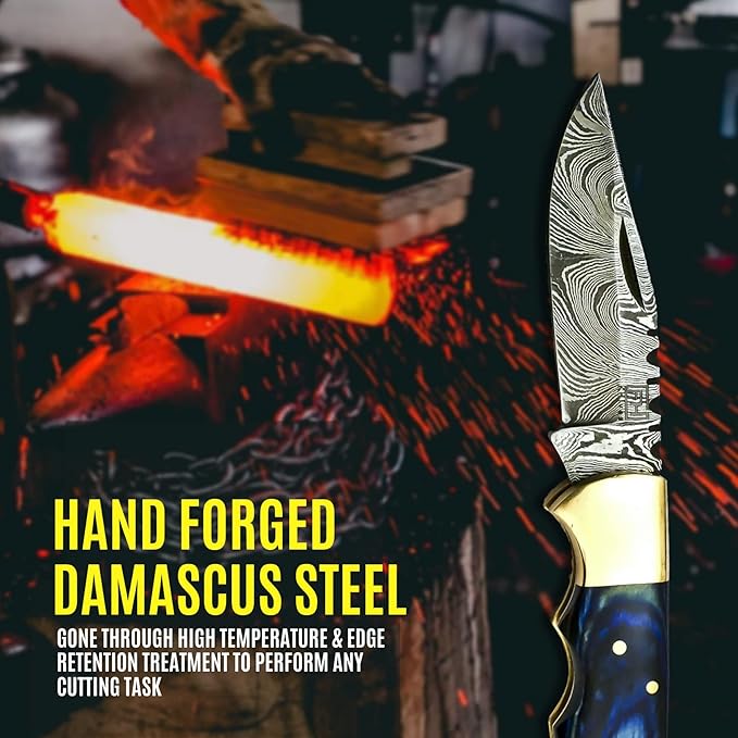 Handmade Damascus Pocket Knife for Men - 6.5 Inch Damascus Knife with Sheath - Damascus Folding Knife - Damascus Hunting Knife - Damascus Steel Pocket Knives with Back Lock for EDC, Camping, Hiking