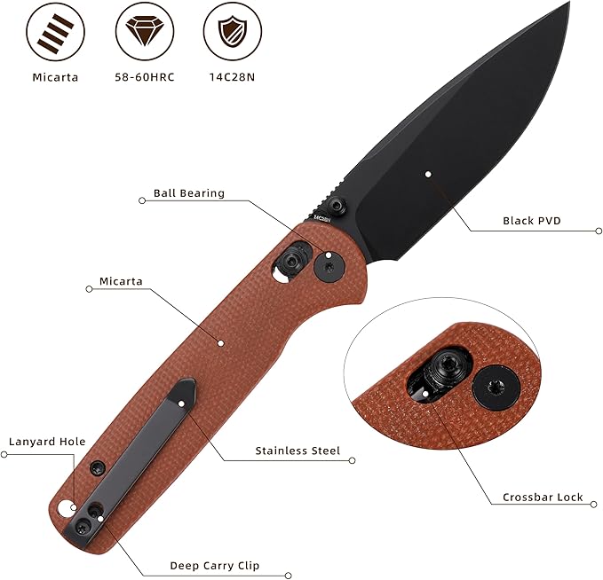 Folding Pocket Knife, 3.23" 14C28N Blade EDC Knife with Clip and Crossbar Lock, Small Pocket Knife for Men, Sharp Camping Hiking Hunting Survival Knives
