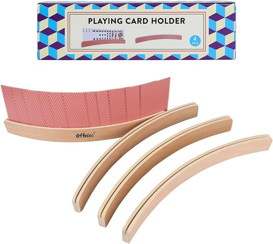 Set of 4 Playing Card Holders - Holds Standard Size Cards - Wooden Curved Playing Card Holder Racks Tray Set for Kids Adults Seniors, Non Slip Wood Card Deck Holders for Strategy Card Games