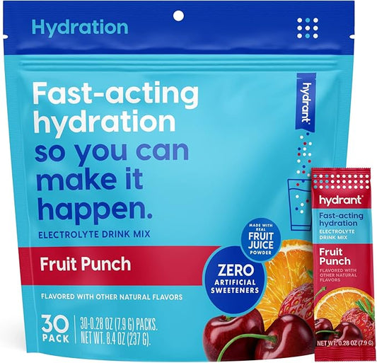 HYDRANT - Hydrate Electrolyte Powder, Fruit Punch Flavor, 30 Rapid Hydration Individual Stick Packs - Low Sugar Drink Mix for Daily Use, Travel & Workouts