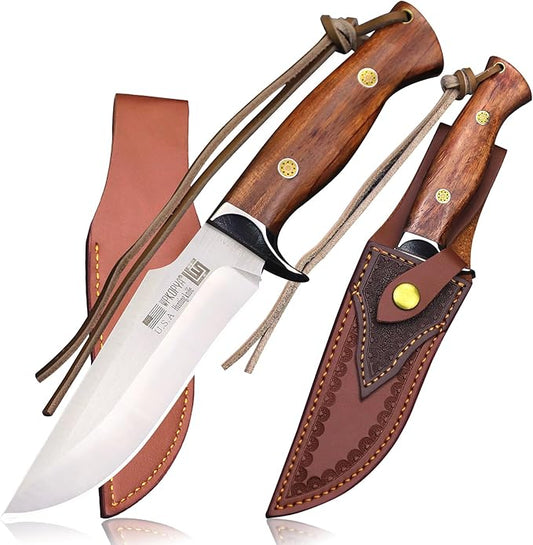 (USA 440C steel 10.5 inch outdoor hunting knife + leather sheath, suitable for outdoor travel, camping, survival, fishing, holiday gifts