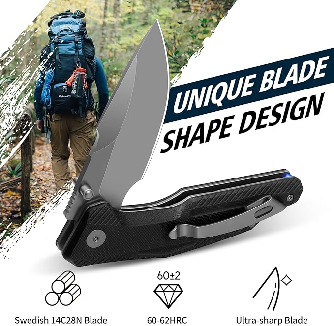 FINTISO Pocket Knife, 3.26" Premium 14C28N Blade G10 Handle with Fire Starter Function, Folding Knife with Pocket Clip for Men Women, EDC Knife for Outdoor Camping, Hunting, Hiking, Survival, Falcon Series