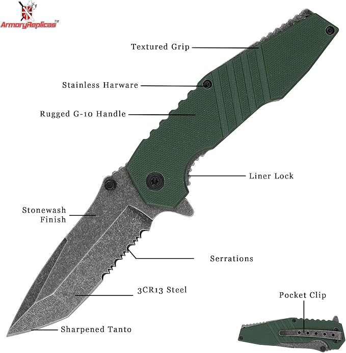 Armory Replicas??Spring Assisted Tanto Folding Knife ??3CR13 Steel Blade with Partial Serration, G10 Handle, Stonewash Finish, Liner Lock & Pocket Clip