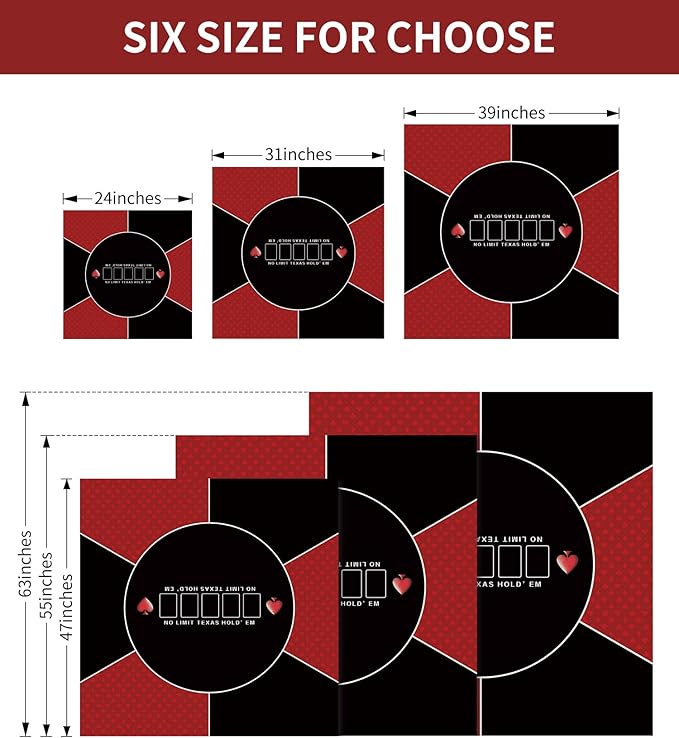 nuveti 24/31/39/47/55/63 inch Square Foldable 6-Player Texas Poker Card Tabletop Layout Portable Anti-Slip Rubber Board Game Mat Texas Hold'em Poker Mat for Family Game, Casino, Party