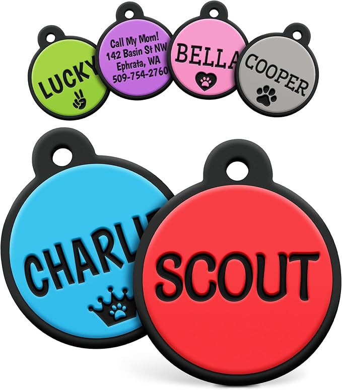 GoTags Silicone Dog Tags, Soundless Pet Tag, Personalized Silent Tag Engraved for Pets with Cute Custom Designs, for Dogs and Cats, (Round, Red)