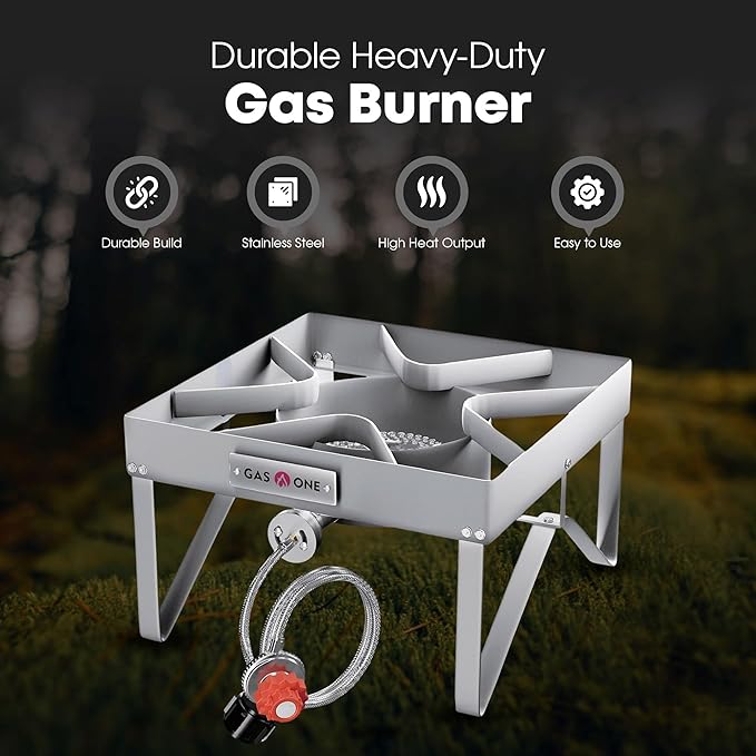 GasOne Stainless Steel Outdoor Propane Burner ??High Pressure Camp Stove with Adjustable Regulator & Steel-Braided Hose