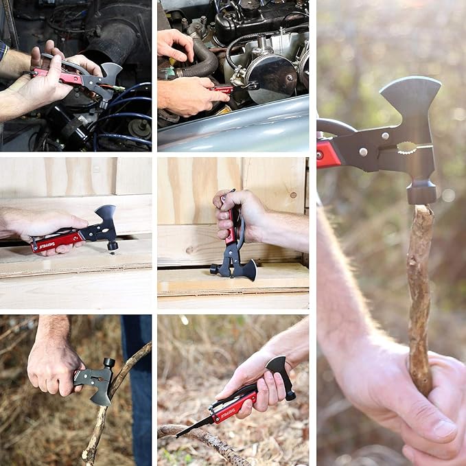 Sheffield 12138 14-in-1 Hatchet Multitool, Camping Hatchet Comes With 1680D Polyester Hatchet Sheath, Alloy Steel Camping Hammer Multitool, Great Hiking Gifts