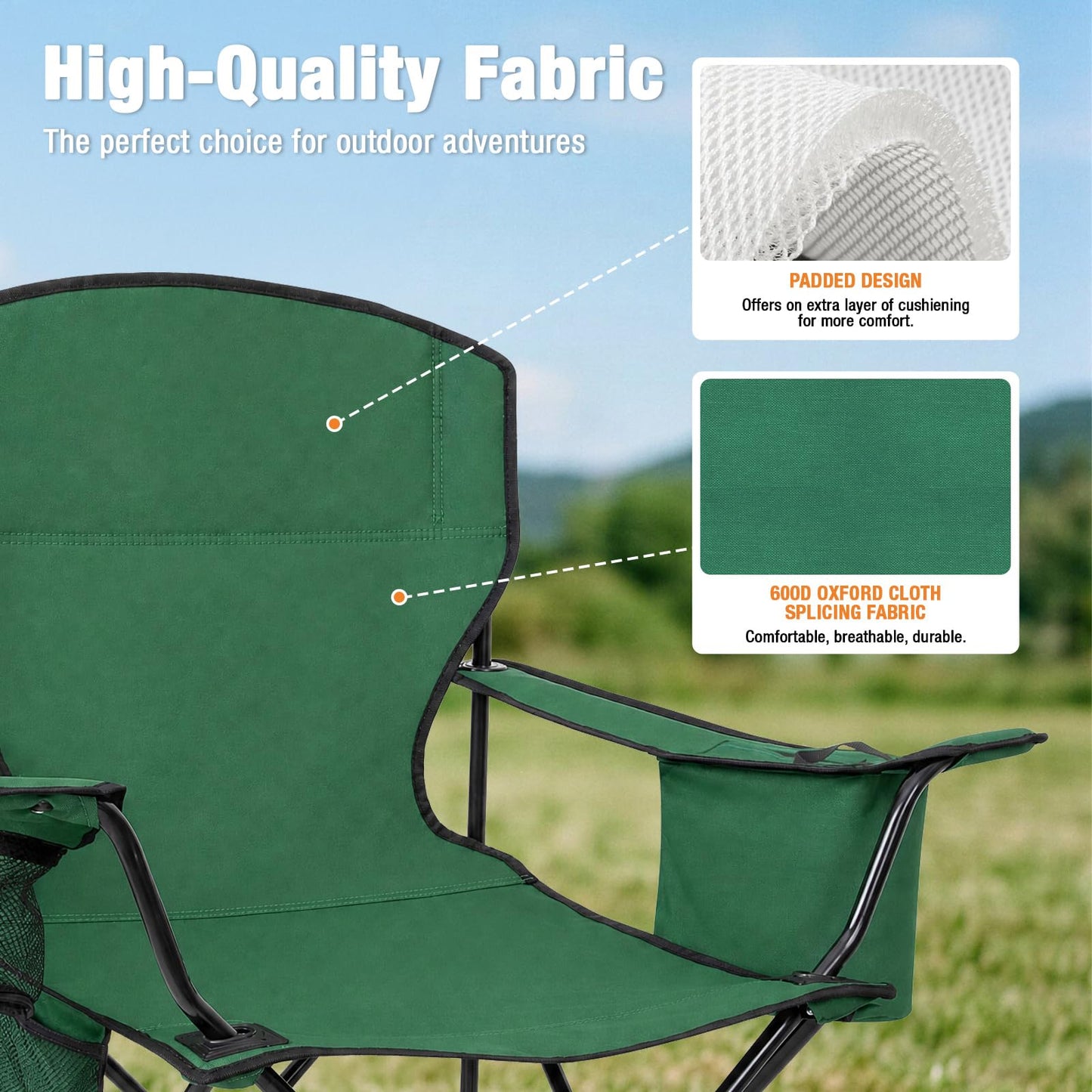 Kamglide 2-Pack Heavy Duty Camping Chairs, 400 LBS Capacity Folding Outdoor Chair with Cooler Bag &