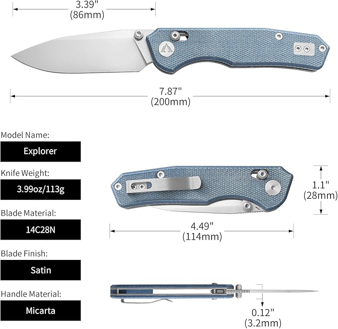 CMB Explorer Micarta Handle 14C28N Steel Blade Crossbar Lock Knife Pocket Folding Tactical Survival Camping Hiking Outdoors EDC Knife with Pocket Clip for Men Women CMB-18 (CMB-18D)