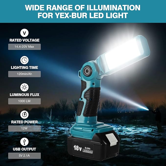 YEX-BUR 12W 1000LM LED Flashlight Work Light for Makita 18V Battery, Jobsite Handheld Spotlight Desk Lamp with 5V 2.1A USB Port, 90 Degree Pivoting Head