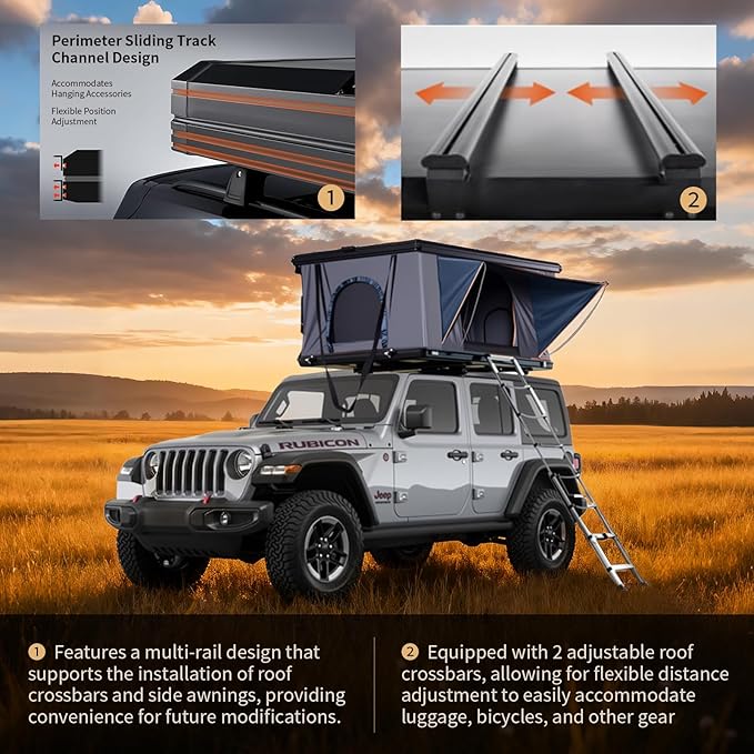Rooftop Tent Hard Shell - Outdoor Car Camping 2-3 Person Truck, Sedan, SUV, Waterproof, Teardrop, Windproof, Sturdy, Easy Up Roof for SUV Road Trip Essentials Overland, Large, Black (Upgraded version)