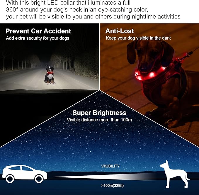 CHUKCHI LED Dog Collar Rechargeable,Waterproof Flashing Collar,Light Up Glow Collar, Adjustable Soft Safety Light Up for Small Medium Large Dogs Walking Camping at Night (Pink-L)