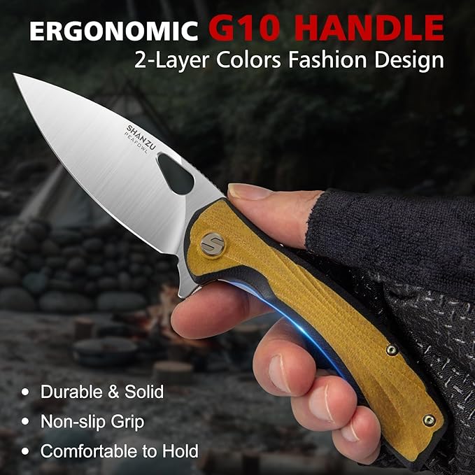 SHAN ZU Pocket Knife 3.2 in, Powder Steel Blade EDC Folding Knife for Men & Women, Utility Survival Knife with G10 Handle & Pocket Clip for Camping Fishing Hiking Hunting - Tan