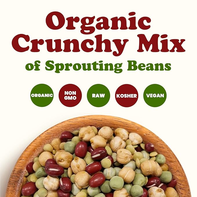 Food to Live Organic Crunchy Mix of Sprouting Beans, 1 Pound - Non-GMO, Kosher, Non-Irradiated, Vegan, Raw, Dried, Bulk - Organic Green Peas, Organic Adzuki, Organic Lentil, Organic Garbanzo