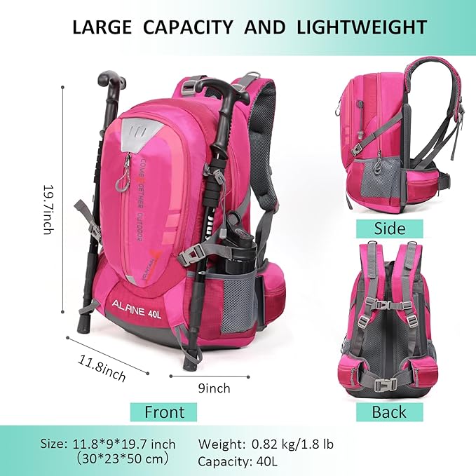 Hiking Backpack Camping 40L Outdoor Daypack Lightweight Travel Backpack with Rain Cover for Women Men (Pink)