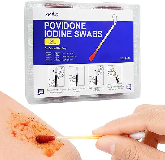 Iodine Swabs 50 Pack - Povidone Iodine Swabsticks with Snap-Release Solution, Individually Wrapped for Wound Care, First Aid Kits, Nasal & Ear Care