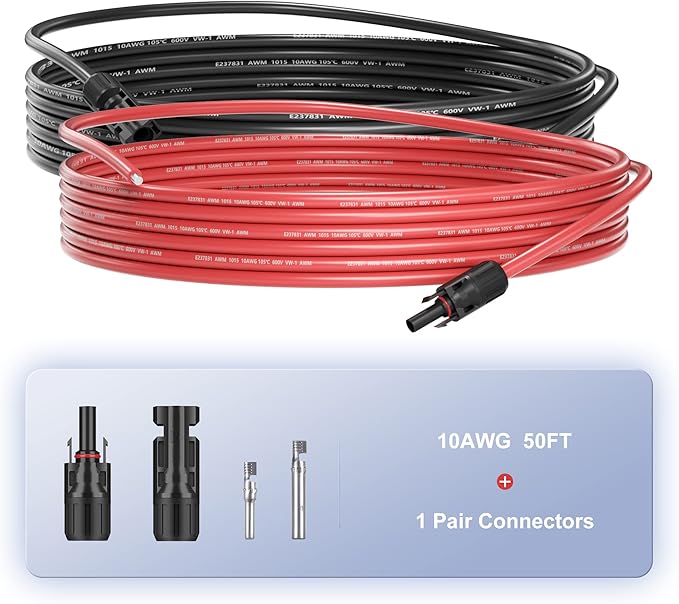 50 Feet 10AWG(6mm²) Solar Panel Wire, 10 Gauge 50FT Black & 50FT Red Tinned Copper Extension Cable Kits with Female and Male Connector for RV Home Boat and Any Other Off-Grid Applications
