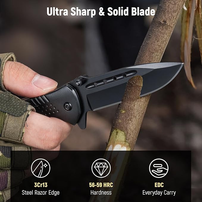 Pocket Knife for Men - 2.98" Sharp Blade Wood Handle Pocket Folding Knives with Clip, Glass Breaker - Small EDC Knives for Survival Camping Hunting Fishing Hiking Women, Black