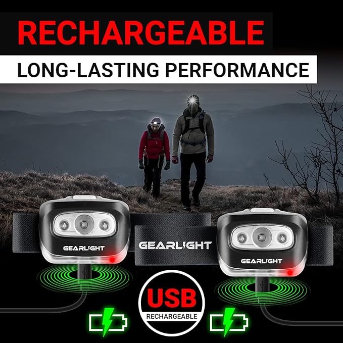 GearLight USB Rechargeable Headlamp Flashlight - S500 Running, Camping, and Outdoor LED Headlight Camping Headlamps - Head Lamp Light for Adults, Kids, Emergency Gear - Black - 2 Pack, Rechargeable