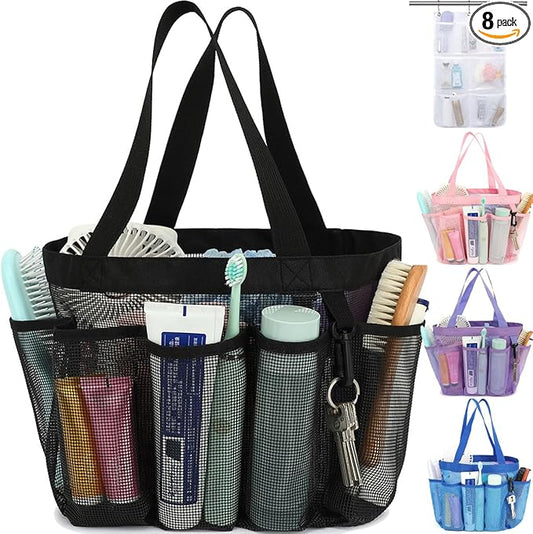 Mesh Shower Caddy Portable for College Dorm Room Essentials, 8-Pocket Large Shower Basket Tote Bag with 2 Handles for Toiletry, Bathroom, Beach, Camp, Gym