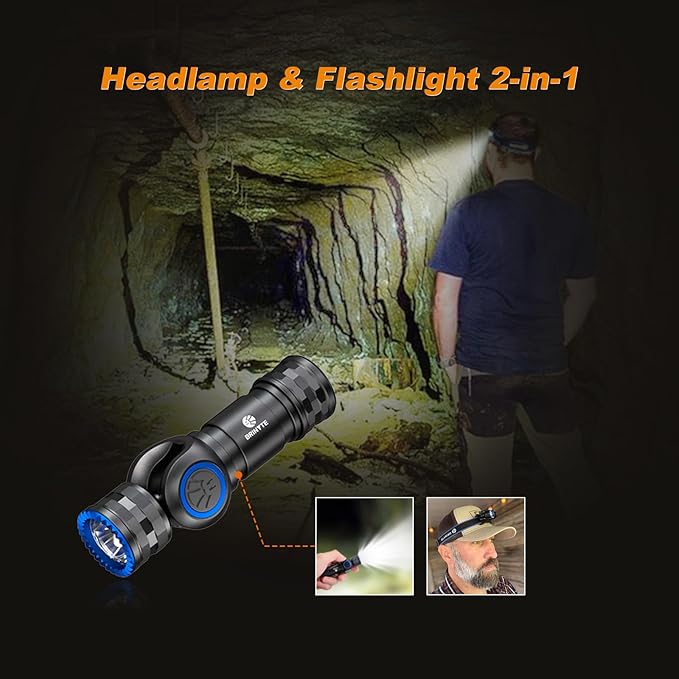 Brinyte HL16 Rechargeable Headlamp Flashlight, 0-90° Adjustable LED Work Light with Magnetic Base Hands-Free Head Torch for Repair, Inspection, Emergency, Camping