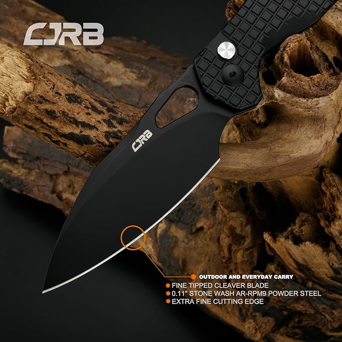 CJRB Frack Pocket Knife, 3.9" AR-RPM9 Steel Blade PVD Coating Frag Pattern Steel Handle EDC Knife, Button Lock Knife for Outdoor Camping Gift, Black (J1931)