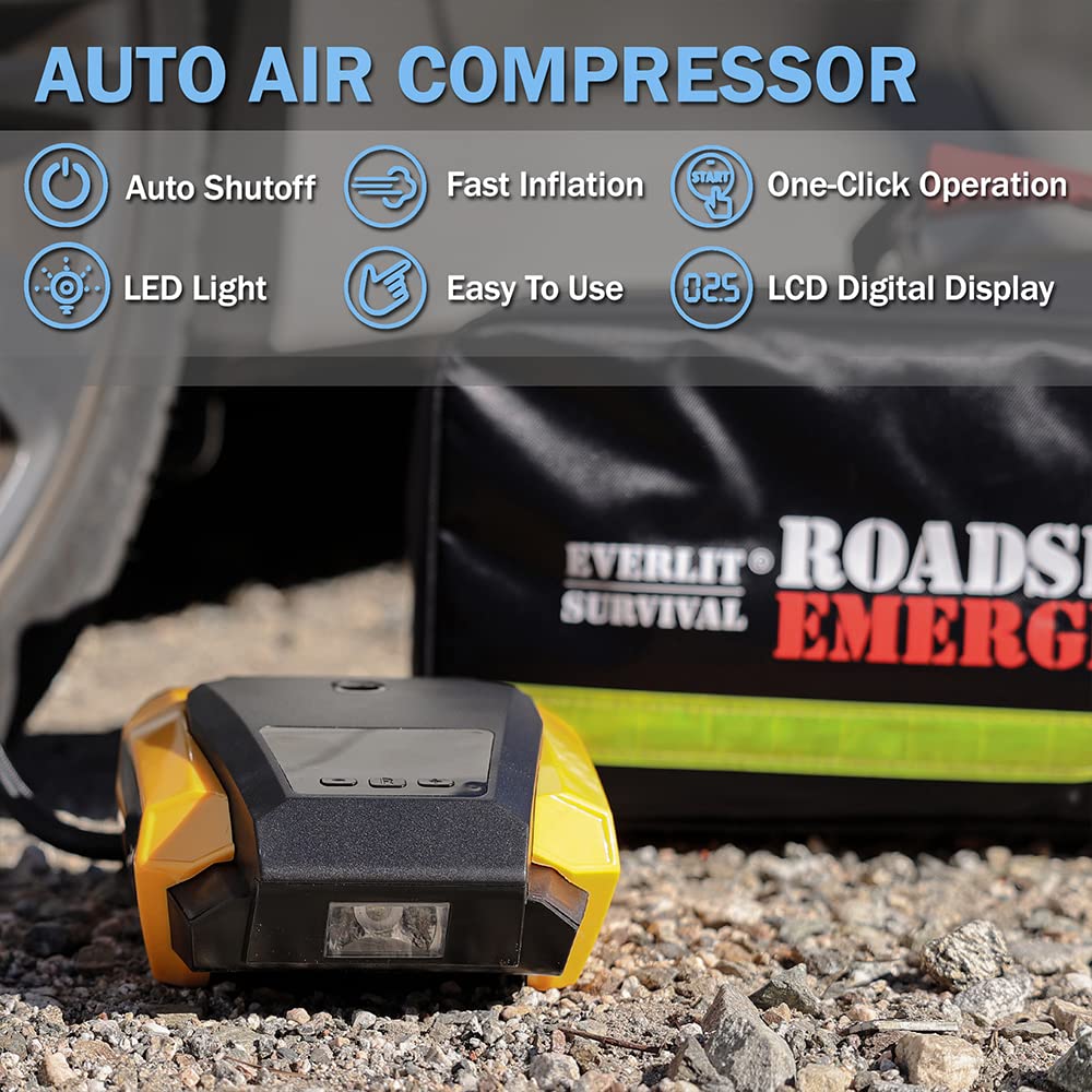 Everlit Survival Car Emergency Kit, Roadside Safety Tool Kit with Gloves,Digital Auto Air