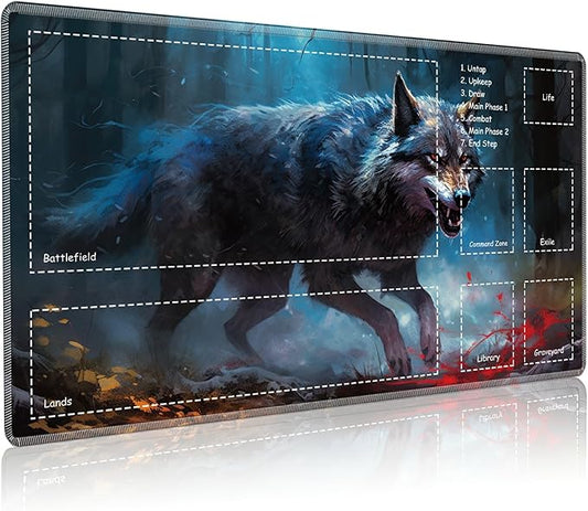 Playmat for MTG with Zones, 24 x 14 inches Game Play Mat for MTG TCG, Trading Card Game Play Mat Desk Mats with Stitched Edges Non-Slip Base, Fierce Wolf