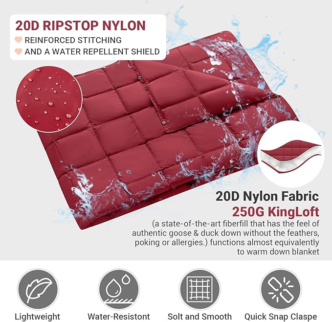 KingCamp Ultralight Camping Blanket, Packable Down Alternative Puffy Wearable Blankets Weatherproof
