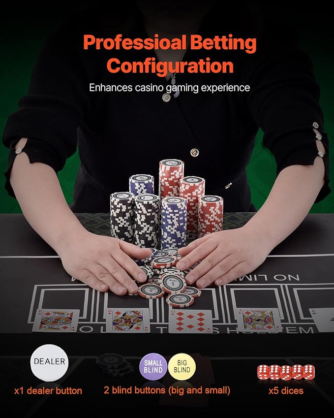 VEVOR Poker Set, 500-Piece Complete Poker Playing Game Set for Texas Hold'em, Blackjack, Gambling, Poker Chip Set with Aluminum Carrying Case, 11.5 Gram Casino Chips, Cards, Buttons and Dices
