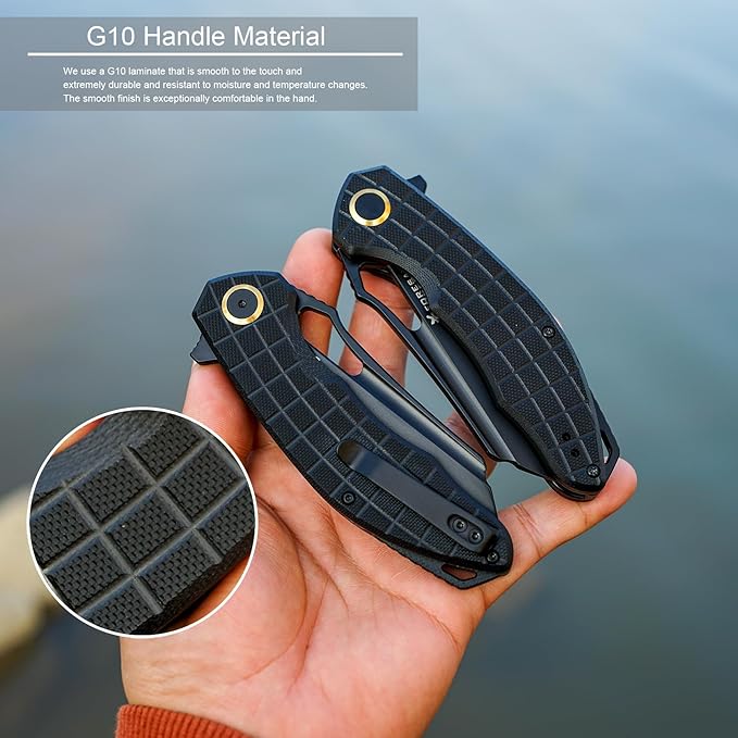 Folding Pocket Knife, 3.54" DC53 Steel Blade,4.65" G10 Handle, Liner Lock, Reversible Pocket Clip for Everyday Carry, Outdoor Activities. (Black PVD blade)