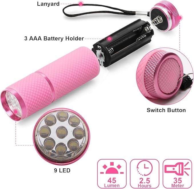AHIER 9 LED Glow in Dark Flashlights, Rubber Coated Small Flashlights with Straps, Portable Handy Lights for Camping, Hiking, Indoor, Assorted Colors (Pink)