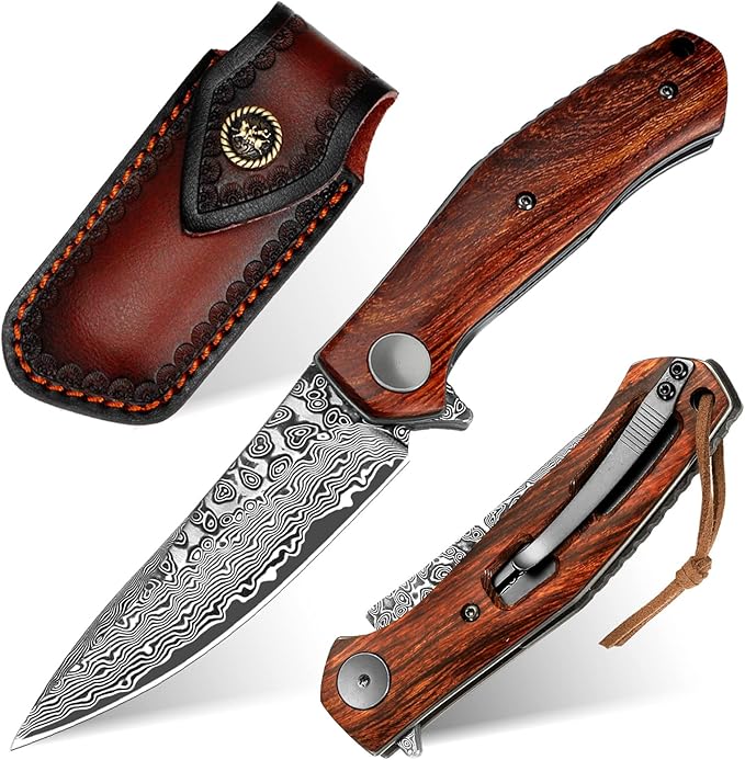 Benkey Damascus Folding Knife with Clip Leather Sheath Camping Knife EDC, Sharp Damascus Pocket Knife Handmade with Liner Lock and Wood Handle for Outdoor Survival Hunting Collection