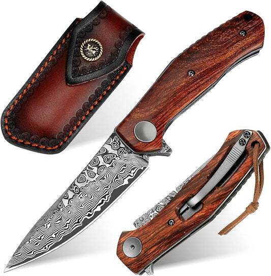 Benkey Damascus Folding Knife with Clip Leather Sheath Camping Knife EDC, Sharp Damascus Pocket Knife Handmade with Liner Lock and Wood Handle for Outdoor Survival Hunting Collection