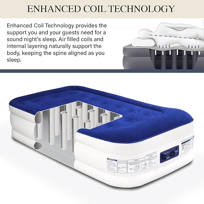 King Koil Luxury Twin Air Mattress with Built-in Pillow Top & Integrated High-Speed Patented Pump ??20" Inflatable Twin Blow Up Airbed for Camping, Home & Guests, Waterproof, 1-Year Warranty