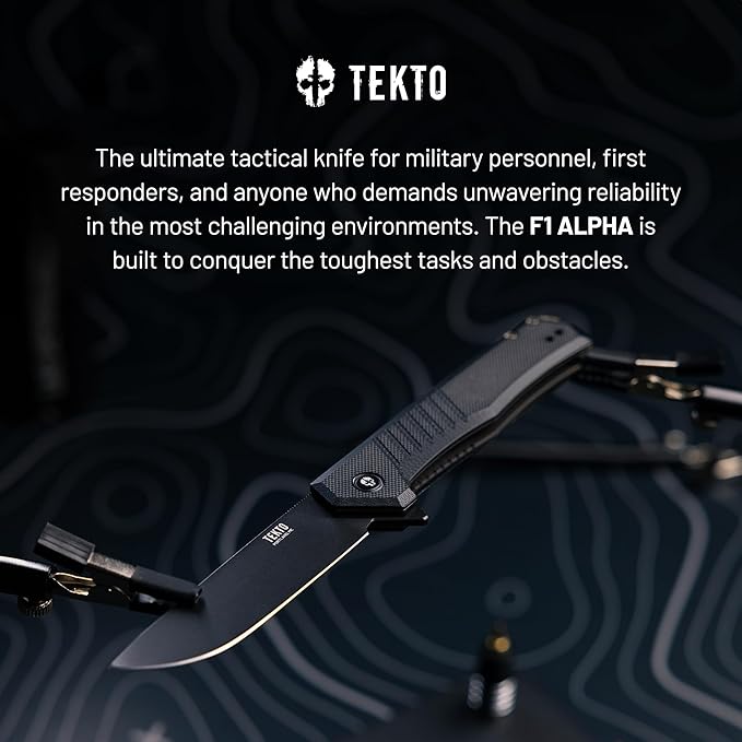 F1 Alpha Folding Pocket Knife - Modified Straight Back Blade, Titanium Coated D2 Steel, Ideal for Outdoor Camping and Backpacking, Tactical G10 Black Handle, Black Titanium Accents