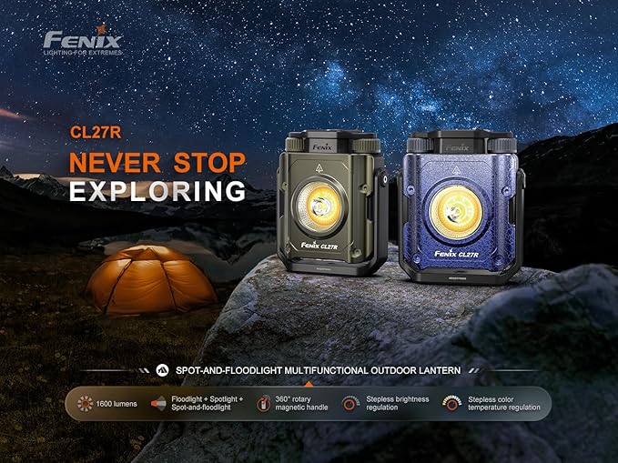 Fenix CL27R Camping Lantern Flashlight, 1600 lumens USB-C Rechargeable Waterproof Portable with White and Red LEDs and Lumentac Organizer for Hurricane Power Outage Emergency and Job Sites (Blue)