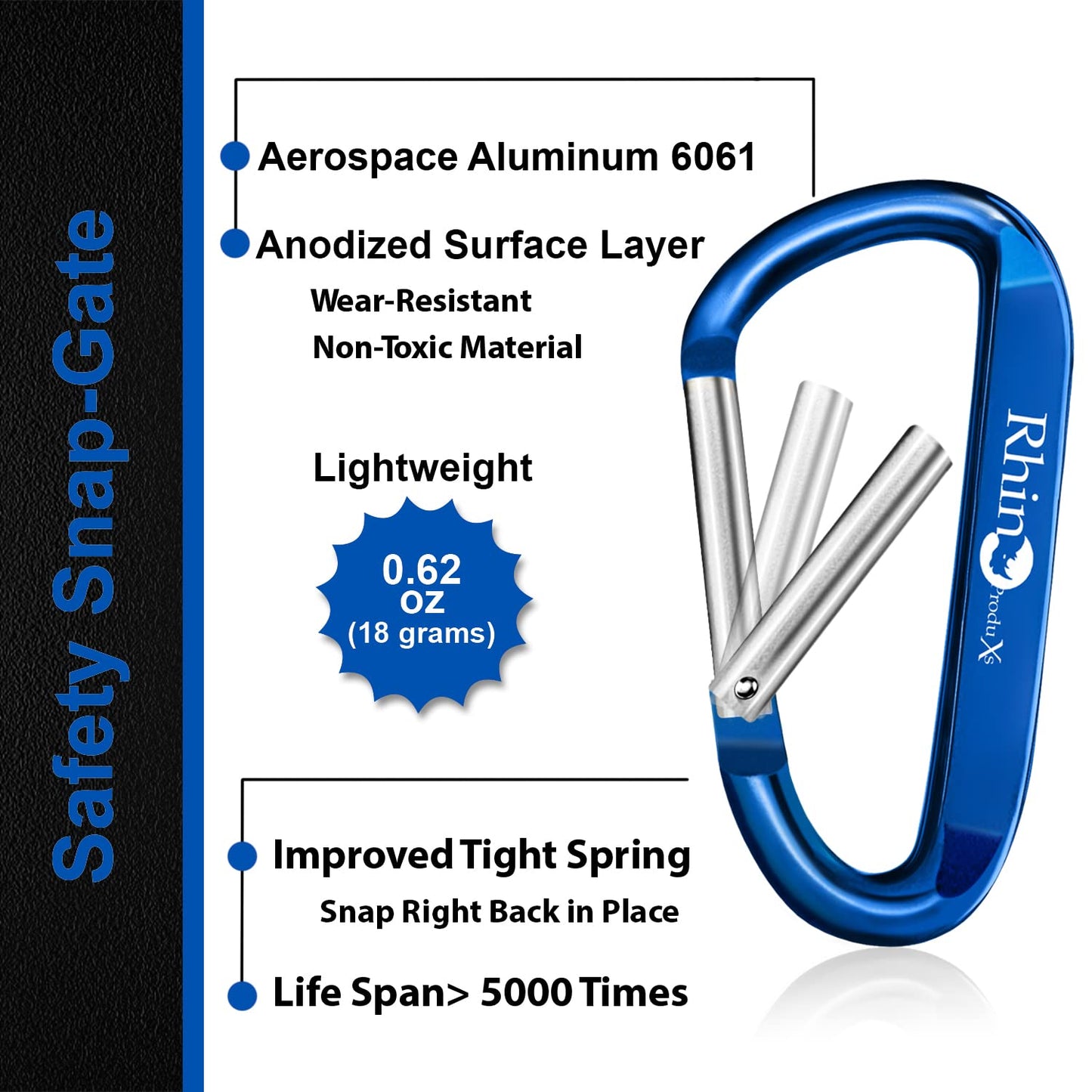 Rhino Produxs 8PCS Lightweight Snap Carabiner Clips D Ring Shape