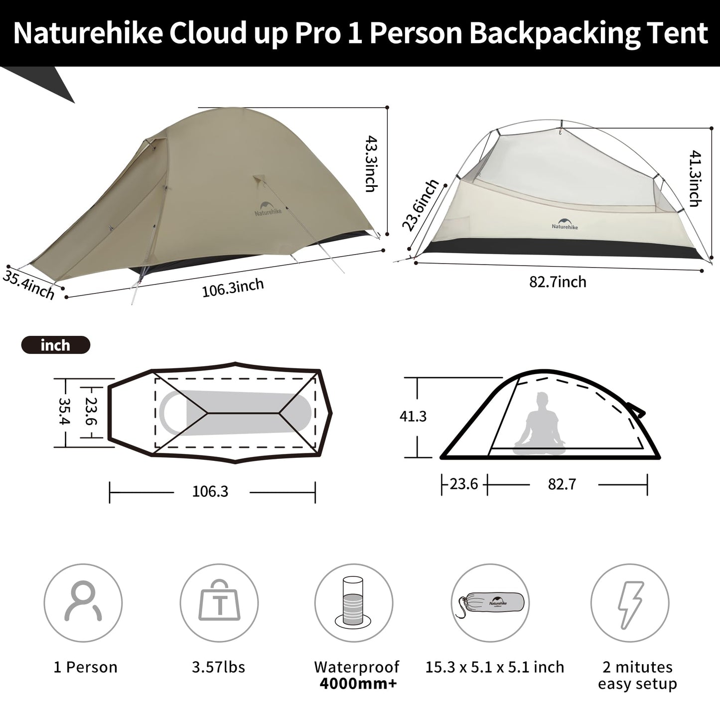 Naturehike Cloud-Up 1 Person Tent, Lightweight Backpacking Tents for One Man, Waterproof Ultralight