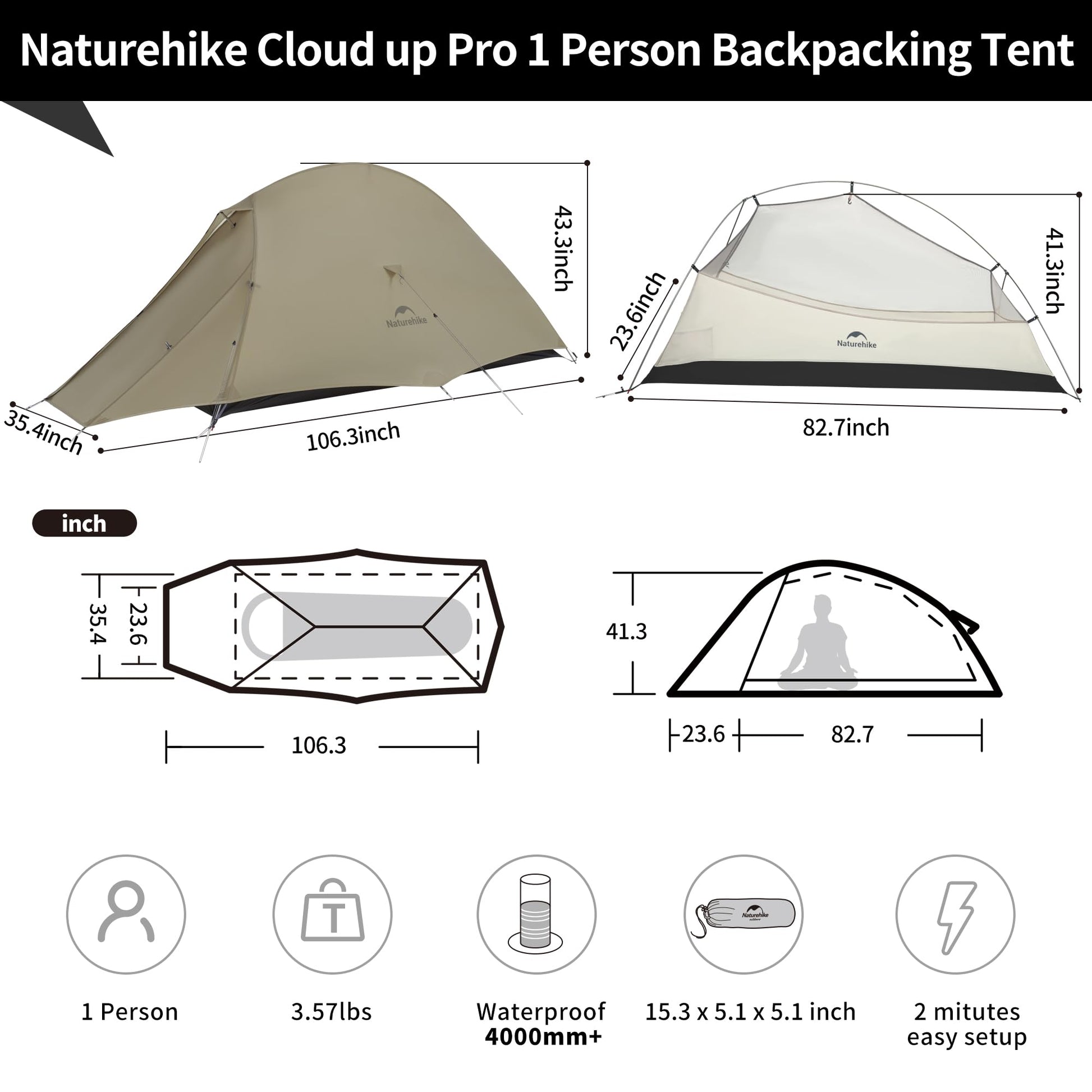 Naturehike Cloud-Up 1 Person Tent, Lightweight Backpacking Tents for One Man, Waterproof Ultralight