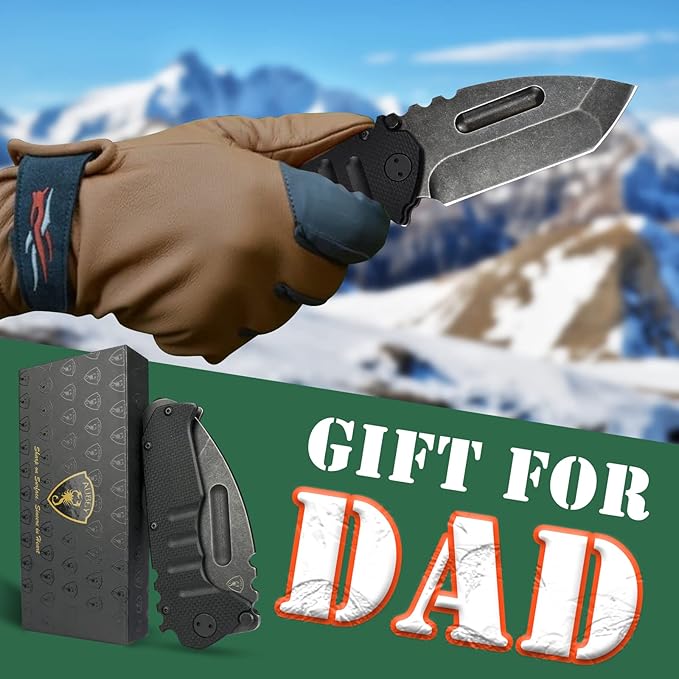 AUBEY Folding Pocket Knife with Tanto Tumbled 440C Steel Blade, Frame Lock, Black G10 Handle, Clip, Glass Breaker, Heavy Duty EDC Knife for Men Hunting, Magic Axe