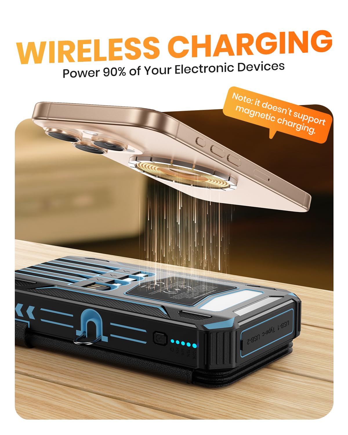 SOARAISE Solar Power Bank 48000mAh Wireless Battery Pack with 4 Cables
