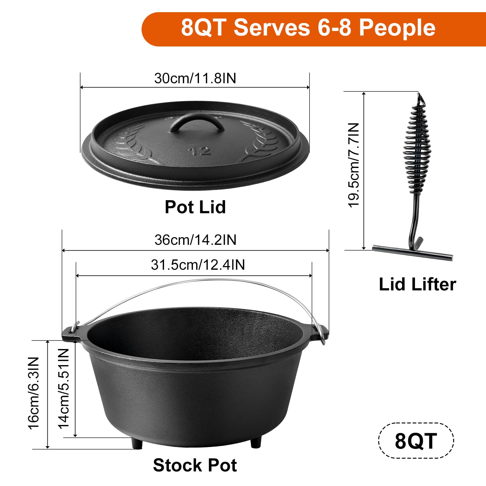 Blingco Pre-Seasoned 8QT Large Cast Iron Camping Dutch Oven Pot with Lid