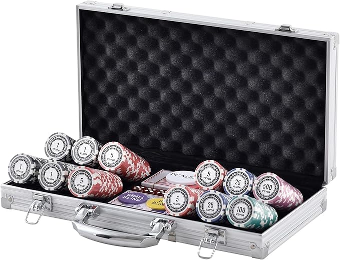 VEVOR Poker Chip Set, 300-Piece Poker Set, Complete Poker Playing Game Set with Aluminum Carrying Case, 11.5 Gram Casino Chips, Cards, Buttons and Dices, for Texas Hold'em, Blackjack, Gambling
