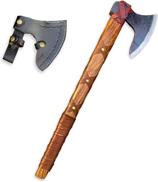 Ragnar Lothbrok Viking Style Axe with Forged Carbon Steel Blade, Handcrafted Rosewood Handle and Decorative Leather Sheath | Norse Inspired Collectible Gift for Men